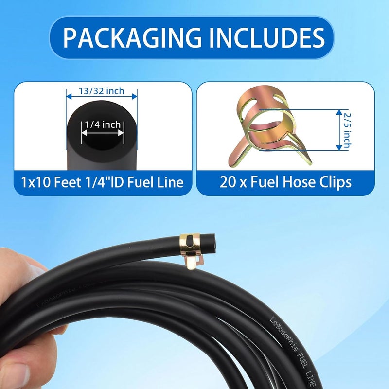 Logosophia 10ft 1/4" ID Fuel Line Hose with 20pcs 2/5" Clamps - Fits Kawasaki, Kohler, Briggs & Stratton Small Gas/Diesel Engines, Generators, Powersports - Durable Flexible Rubber Hose Kit - Image 2